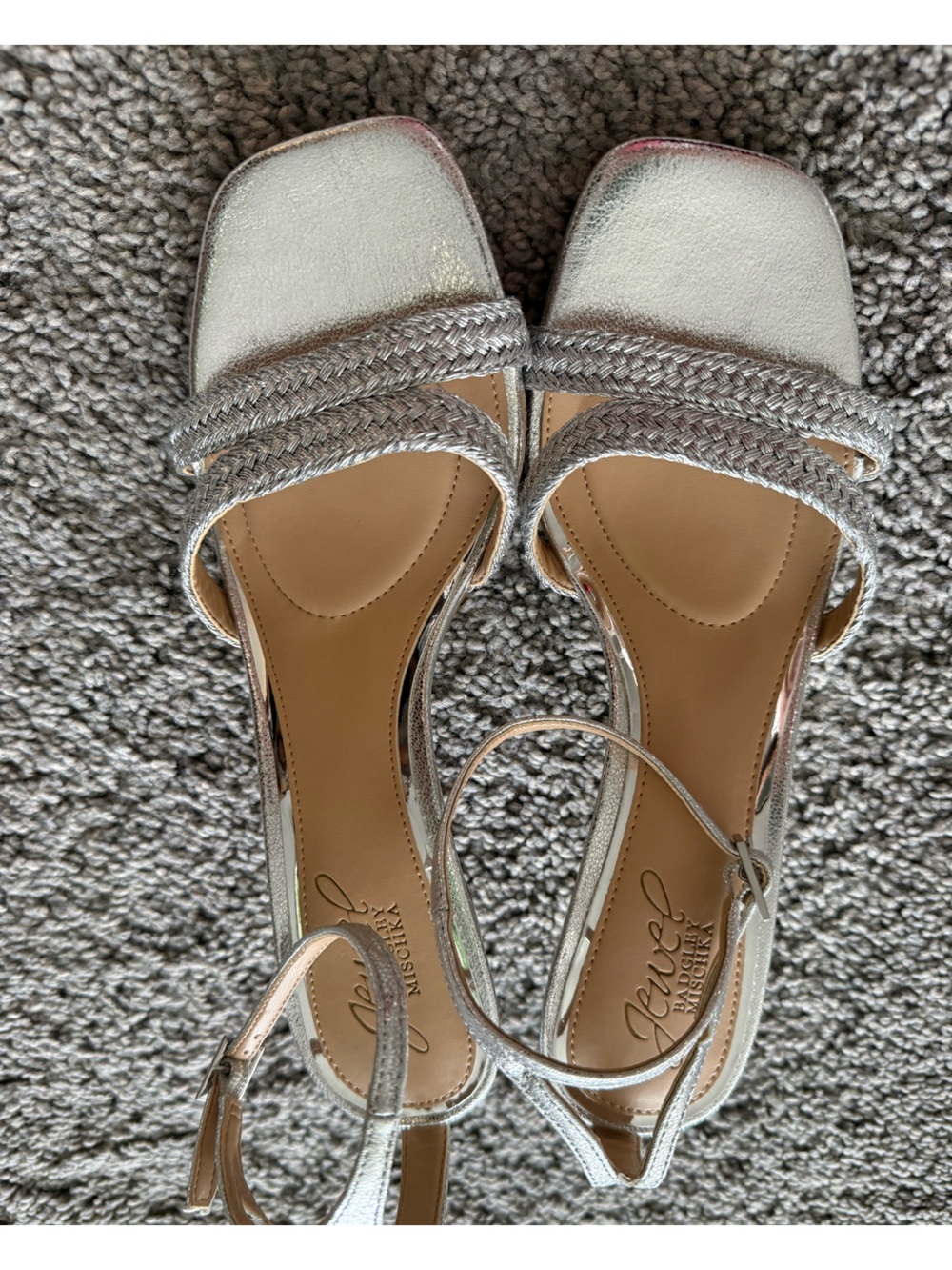Badgley Mischka Metallic Silver Braided Strap Heels
